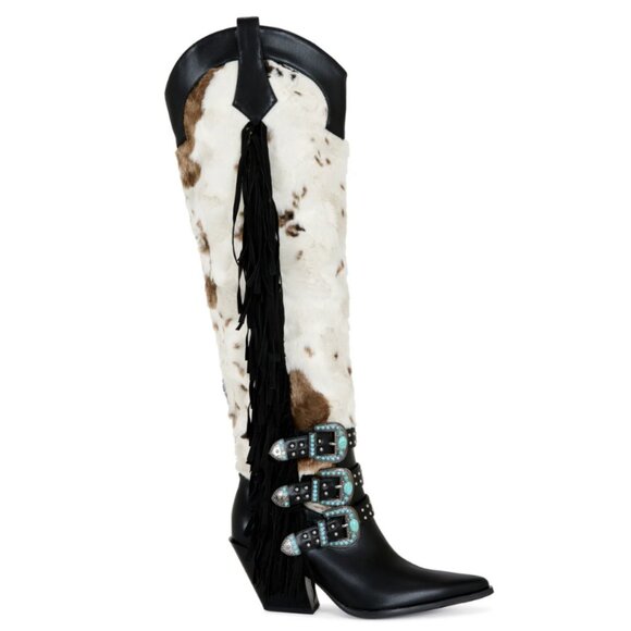 Azalea Wang Shoes - AZALEA WANG Gwayne Cow Print Knee High Fringed Western Boot Buckles 7-11 NWT